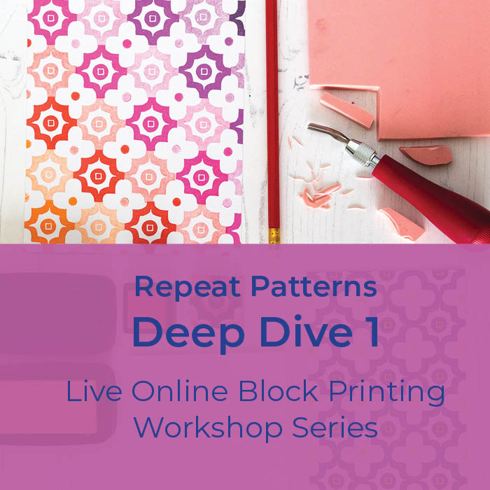 repeat patterns deep dive 1, live block printing online workshop series 3 dotted penguins