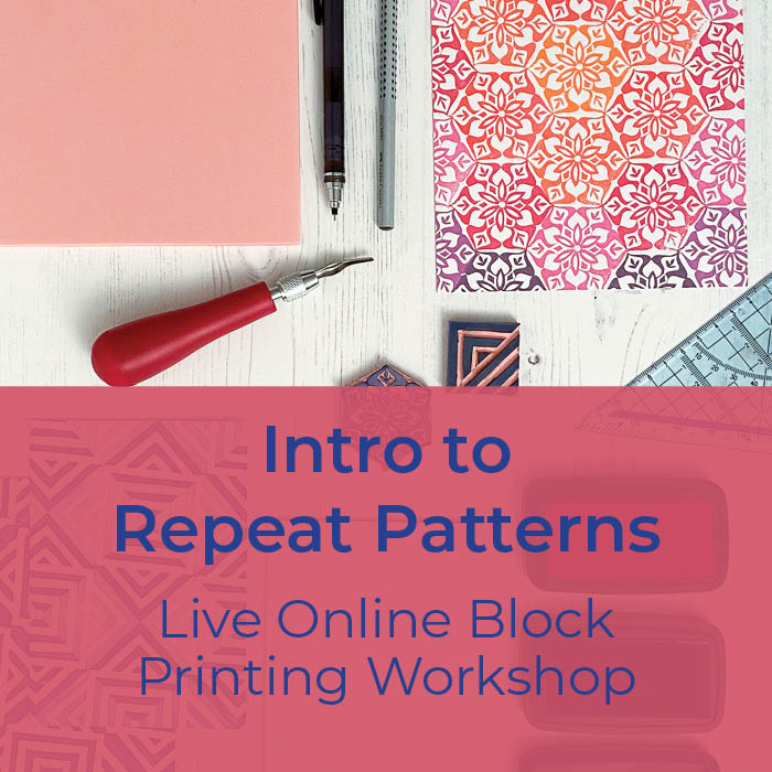 Intro to repeat patterns, live block printing online workshop 3 dotted penguins