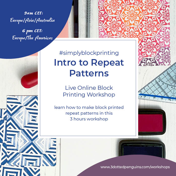3dottedpenguins intro to repeat patterns live online block printing workshop