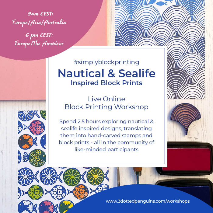 Nautical & sealife inspired themed block printing live online workshop