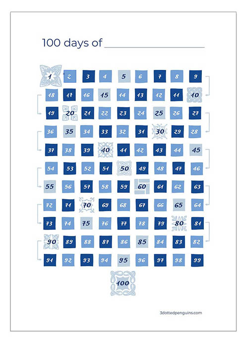 printable 100-day project tracker by 3 Dotted Penguins