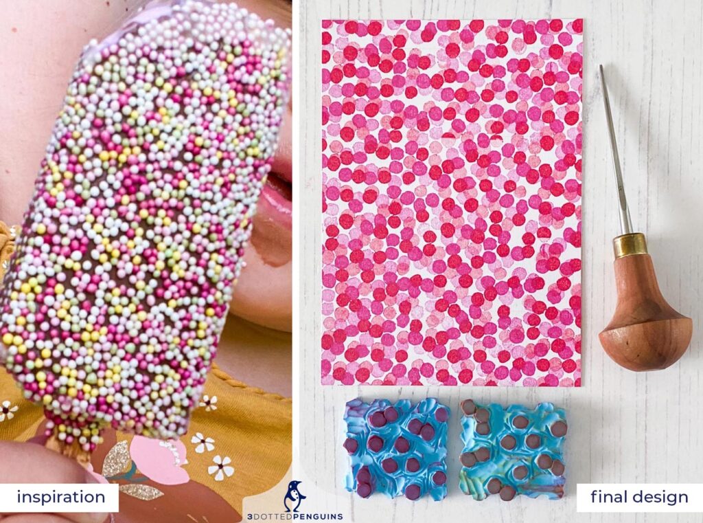 From inspiration to block print: a photo of an icecream with sprinkles and the resulting print of pink overlapping dots