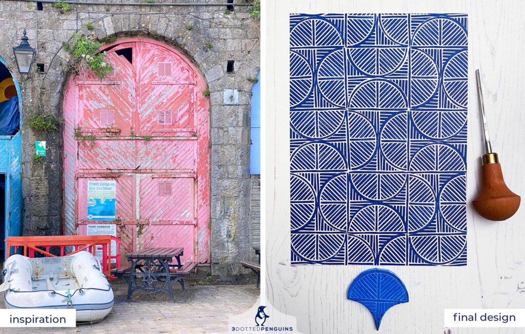 from inspiration to block print. from the photo of a large wooden door at a harbour to a shell shaped geometirc block print.